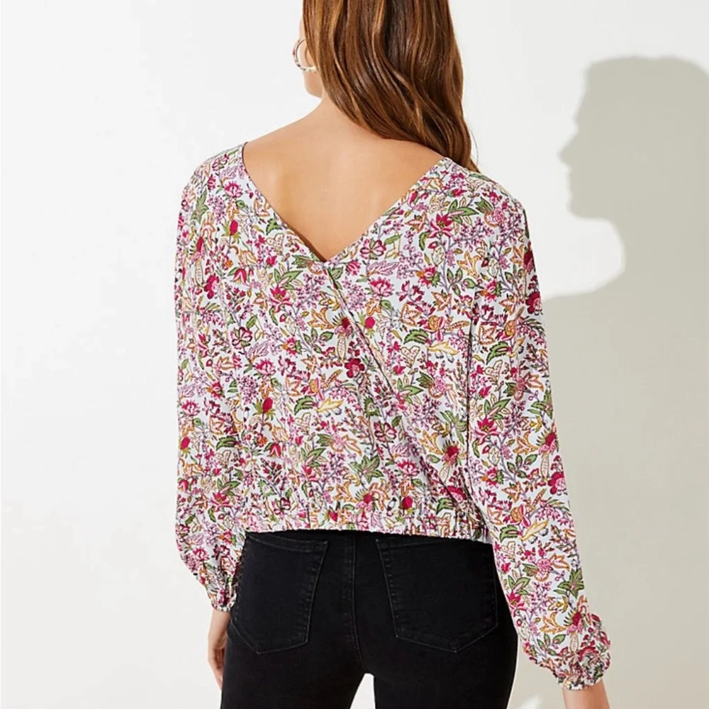 Loft Jungle Wrapped Back floral long sleeve cropped top size xs - Picture 1 of 12